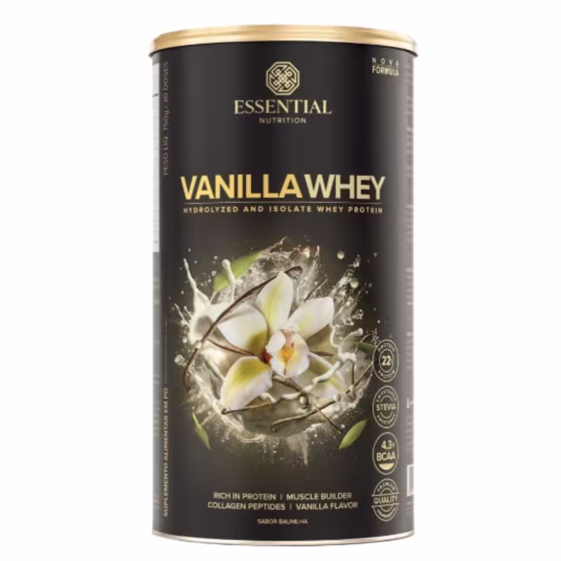 A imagem mostra uma embalagem de whey protein sabor vanilla, toda preta com letras brancas.