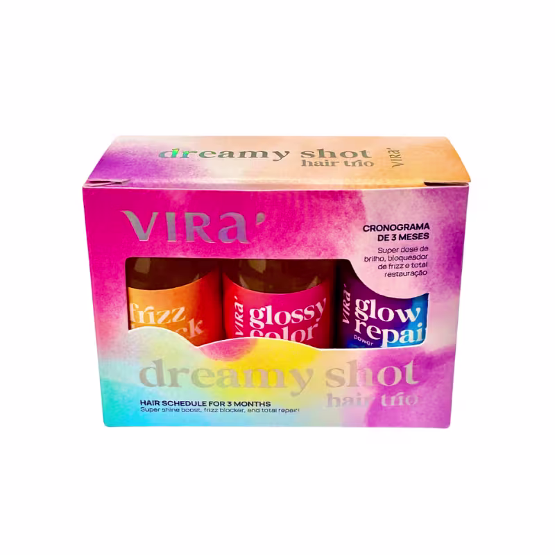 Caixa de produtos Virá Cosméticos contendo três frascos de tratamento capilar: Frizz Lock, Glossy Color e Glow Repair, com cronograma de 3 meses para super dose de brilho, bloqueio de frizz e restauração total.