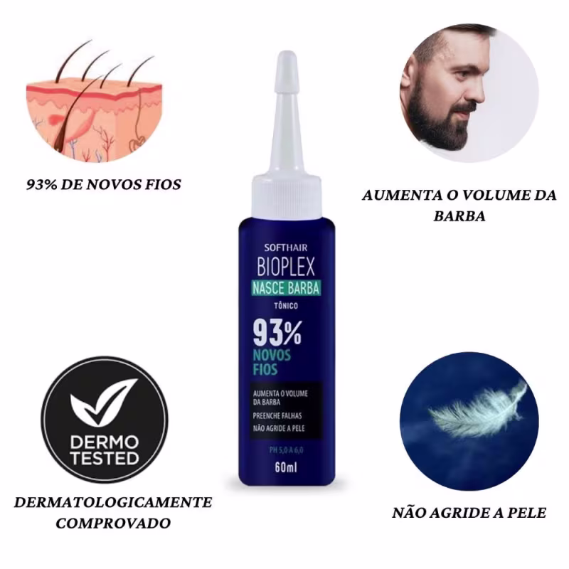Frasco de tônico capilar Bioplex Nascer Barba da Soft Hair, com 60ml, em embalagem azul escura, com informações sobre aumento do volume da barba e 93% de novos fios.