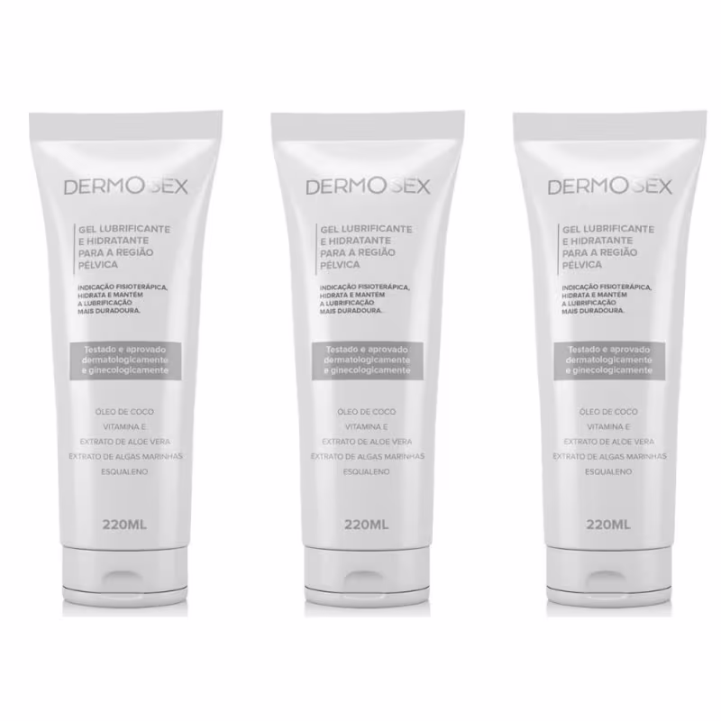 Três tubos de gel lubrificante e hidratante para a região pélvica da marca Dermosex, com 220ml cada. Os tubos possuem rótulos brancos com o nome da marca e informações sobre a indicação fisioterapêutica e composição do produto.