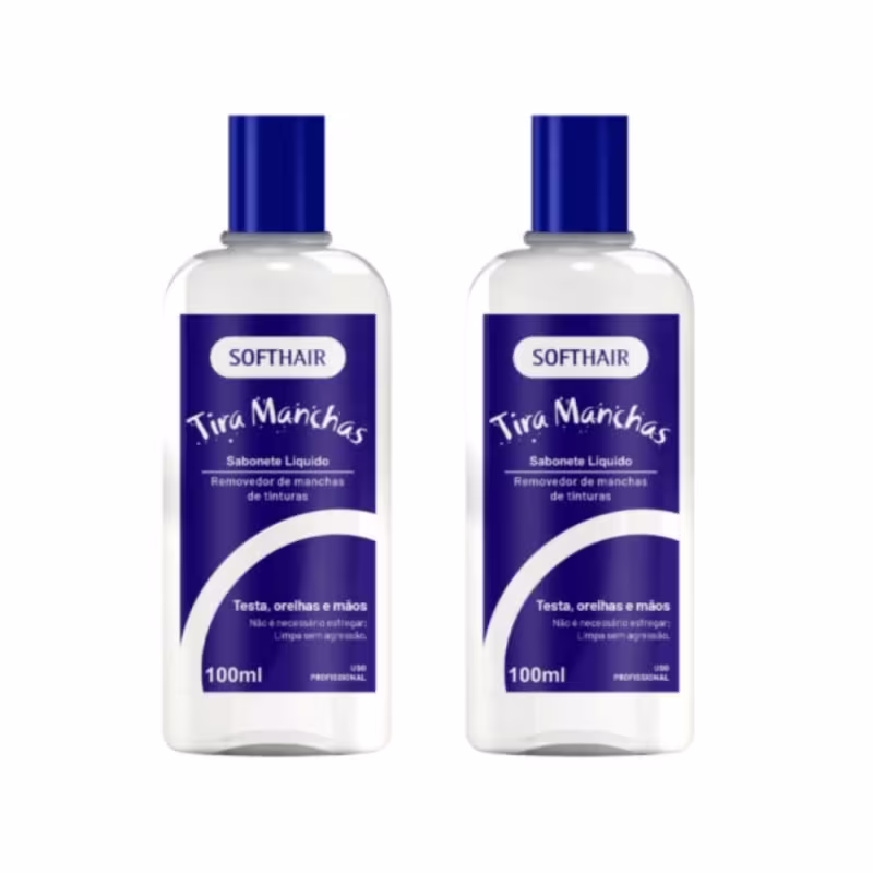 Dois frascos de 100ml da linha Tira Manchas da marca Softhair, com rótulos em azul escuro e branco, indicando um produto líquido removedor de manchas de tintura.