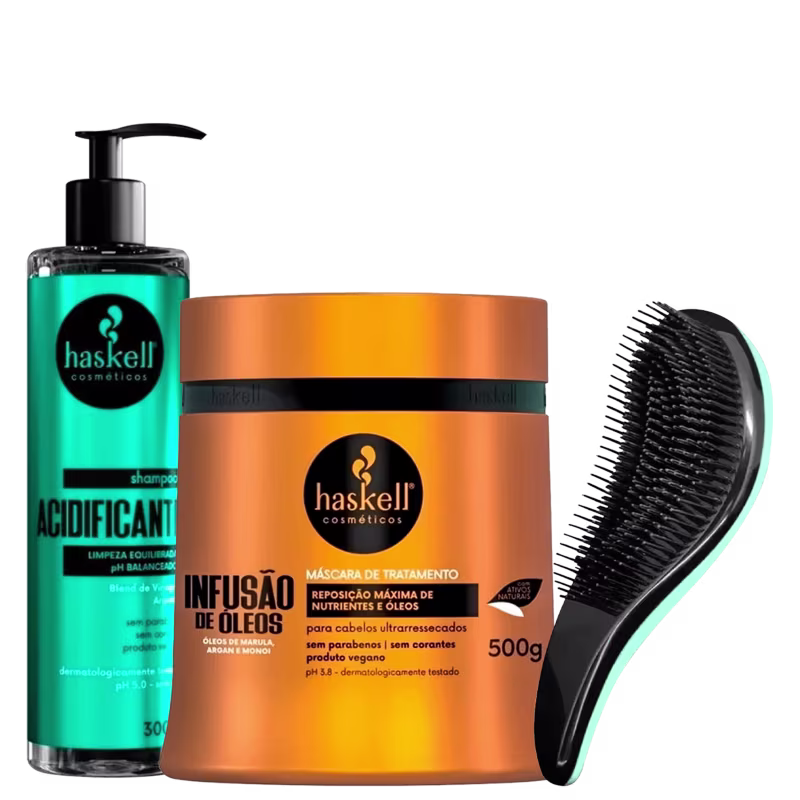 Kit Haskell Acidificante + Infusão de Óleos + Escova Mágica, 3 produtos.