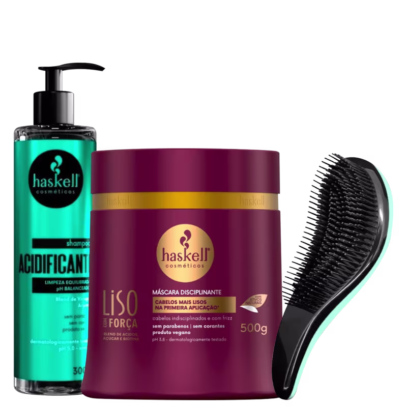 Kit Haskell Acidificante + Liso com Força + Escova Mágica, 3 produtos.