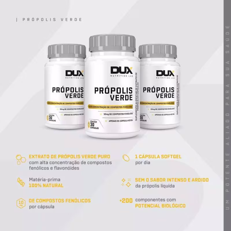 Informações como "extrato de própolis verde puro", "alta concentração de compostos fenólicos e flavonoides", "matéria-prima 100% natural", "10mg de compostos fenólicos por cápsula" e "+200 componentes com potencial biológico".