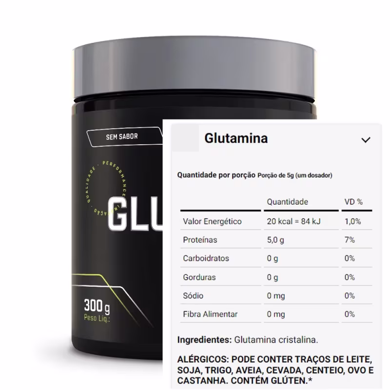 O rótulo frontal exibe o nome "Glutamina" em letras grandes e brancas, com detalhes em amarelo. Há uma tabela nutricional que mostra que o produto é composto apenas de glutamina cristalina, com 5g de proteína por porção de 5g.