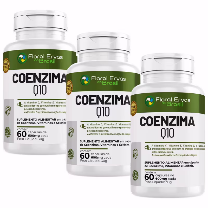 Três frascos de suplemento alimentar em cápsulas contendo coenzima, vitaminas e selênio. Embalagens contendo 60 cápsulas de 600mg cada. Rótulos verdes com informações sobre os ingredientes e benefícios antioxidantes para proteção das células.