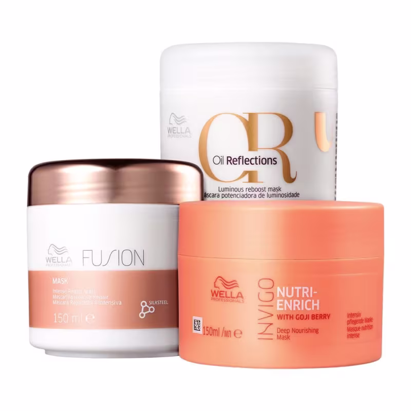 Kit com máscaras capilares Nutri-Enrich, Oil Reflections e Fusion, da marca Wella Professionals.