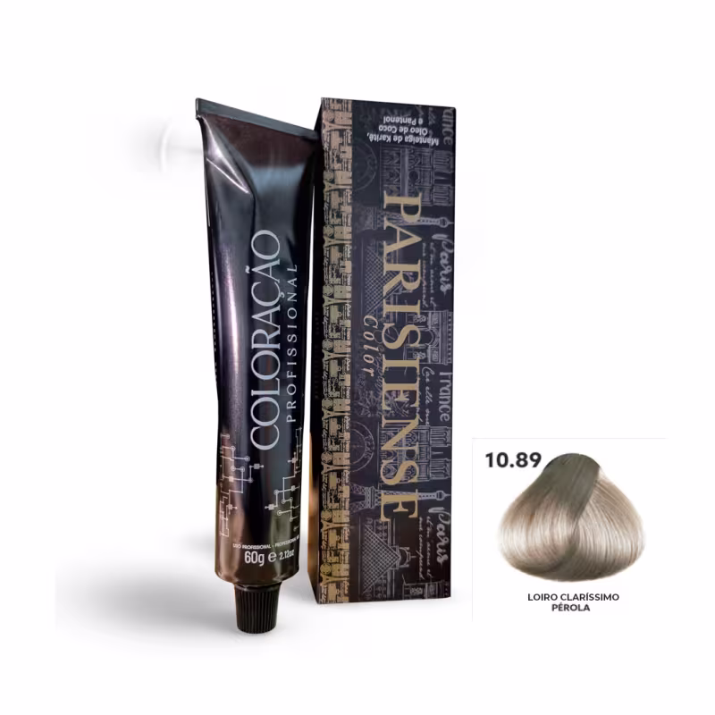 A imagem mostra produtos de coloração de cabelo profissional da marca Paris Cosmetics. Há uma caixa retangular exibindo o logotipo e nome "Paris Cosmetics". Ao lado está um tubo preto brilhante com a mesma marca impressa, contendo o creme colorante.