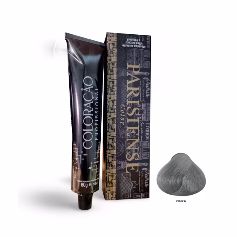 A imagem mostra produtos de coloração de cabelo profissional da marca Paris Cosmetics. Há uma caixa retangular exibindo o logotipo e nome "Paris Cosmetics". Ao lado está um tubo preto brilhante com a mesma marca impressa, contendo o creme colorante.