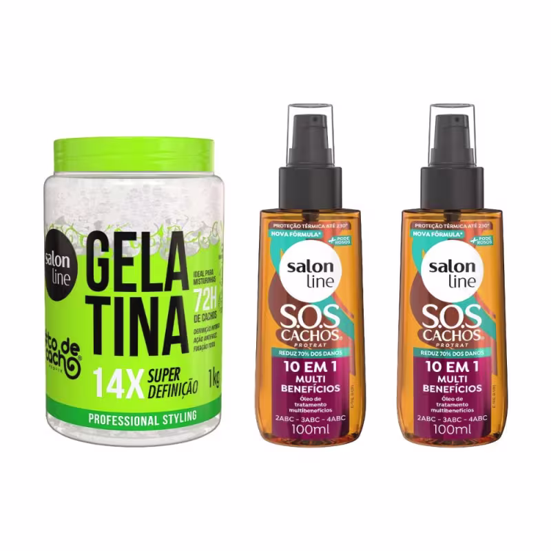 Kit Gelatina #todecacho Super Definição + 2 Óleos SOS Cachos 10 em 1 Multibenefícios