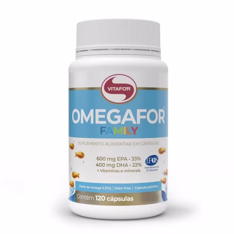Suplemento alimentar em cápsulas da marca Vitafor, chamado Omegafor Family. Embalagem branca com detalhes azuis e dourados, contendo 120 cápsulas com 600 mg de EPA e 400 mg de DHA, além de vitaminas e minerais.