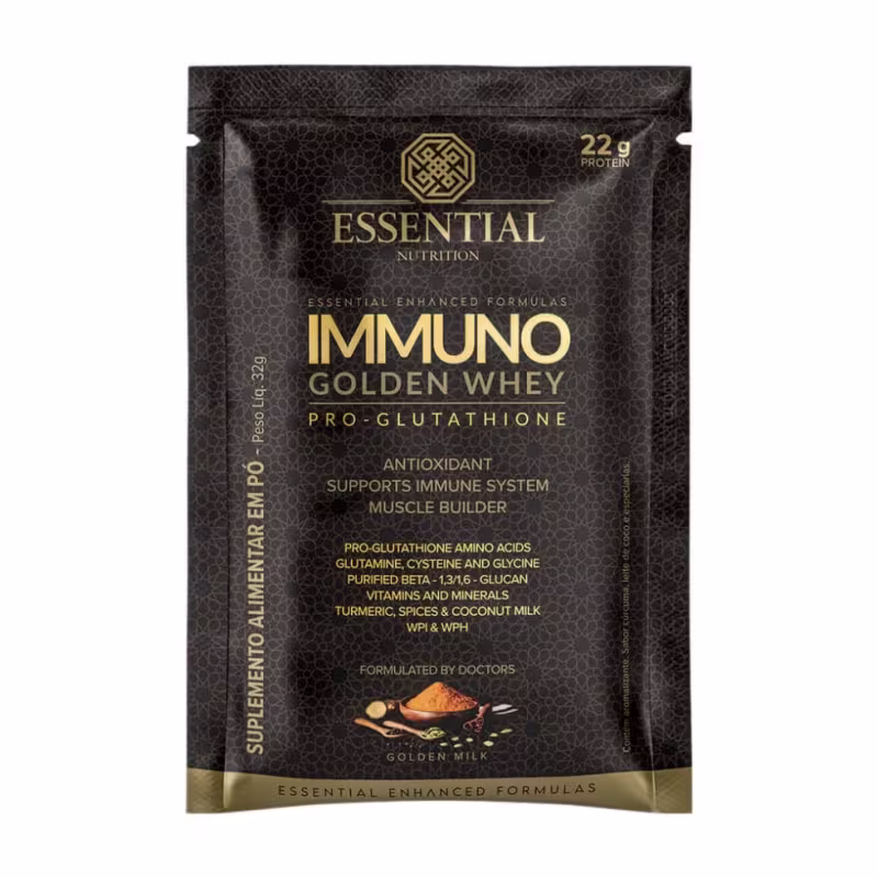 A imagem mostra um sachê de suplemento alimentar em pó todo preto com letras douradas e brancas.