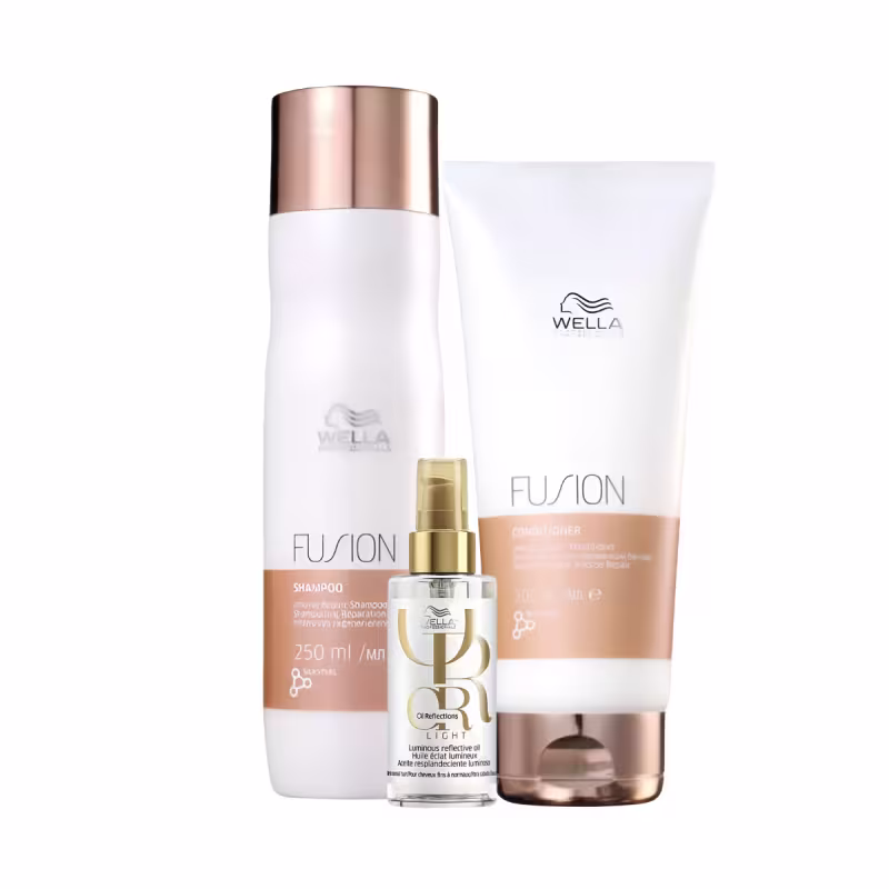 Kit com shampoo e condicionador Fusion, além de óleo capilar Oil Reflections, da marca Wella Professionals.