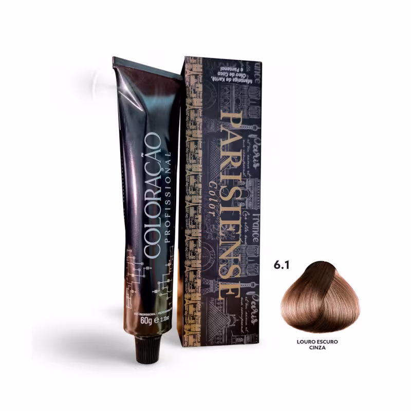 A imagem mostra produtos de coloração de cabelo profissional da marca Paris Cosmetics. Há uma caixa retangular exibindo o logotipo e nome "Paris Cosmetics". Ao lado está um tubo preto brilhante com a mesma marca impressa, contendo o creme colorante.