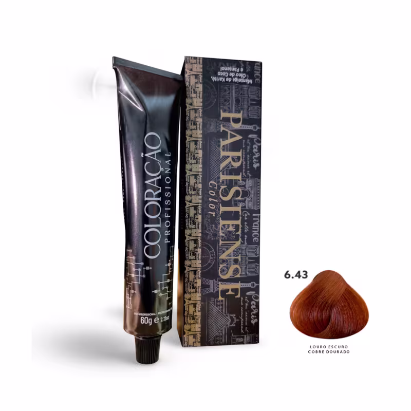 A imagem mostra produtos de coloração de cabelo profissional da marca Paris Cosmetics. Há uma caixa retangular exibindo o logotipo e nome "Paris Cosmetics". Ao lado está um tubo preto brilhante com a mesma marca impressa, contendo o creme colorante.