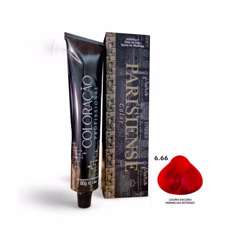 A imagem mostra produtos de coloração de cabelo profissional da marca Paris Cosmetics. Há uma caixa retangular exibindo o logotipo e nome "Paris Cosmetics". Ao lado está um tubo preto brilhante com a mesma marca impressa, contendo o creme colorante.