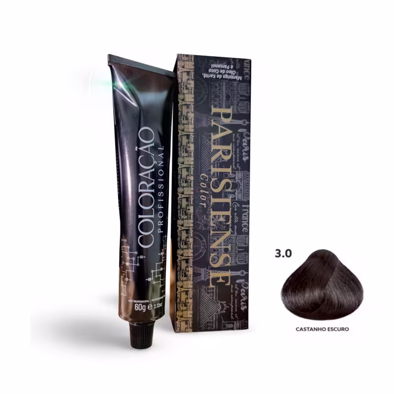 A imagem mostra produtos de coloração de cabelo profissional da marca Paris Cosmetics. Há uma caixa retangular exibindo o logotipo e nome "Paris Cosmetics". Ao lado está um tubo preto brilhante com a mesma marca impressa, contendo o creme colorante.