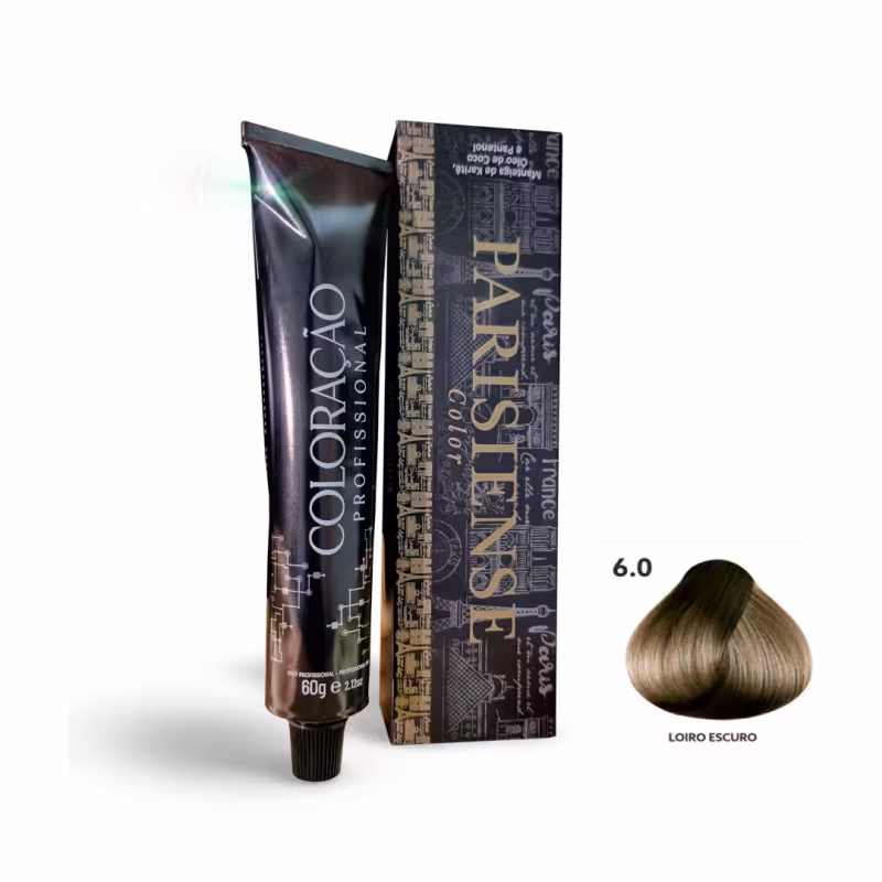 A imagem mostra produtos de coloração de cabelo profissional da marca Paris Cosmetics. Há uma caixa retangular exibindo o logotipo e nome "Paris Cosmetics". Ao lado está um tubo preto brilhante com a mesma marca impressa, contendo o creme colorante.