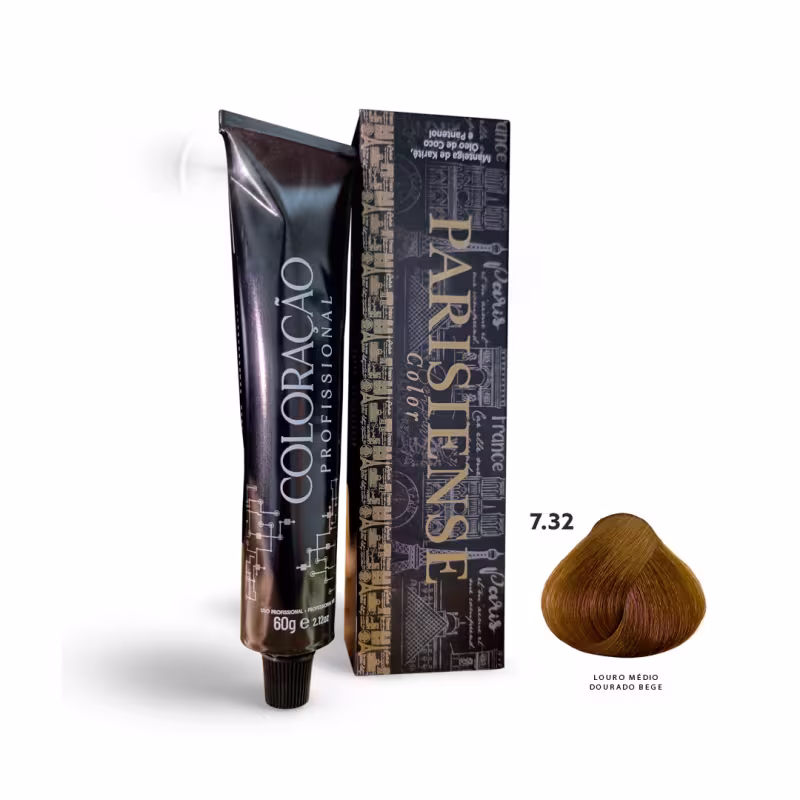 A imagem mostra produtos de coloração de cabelo profissional da marca Paris Cosmetics. Há uma caixa retangular exibindo o logotipo e nome "Paris Cosmetics". Ao lado está um tubo preto brilhante com a mesma marca impressa, contendo o creme colorante.