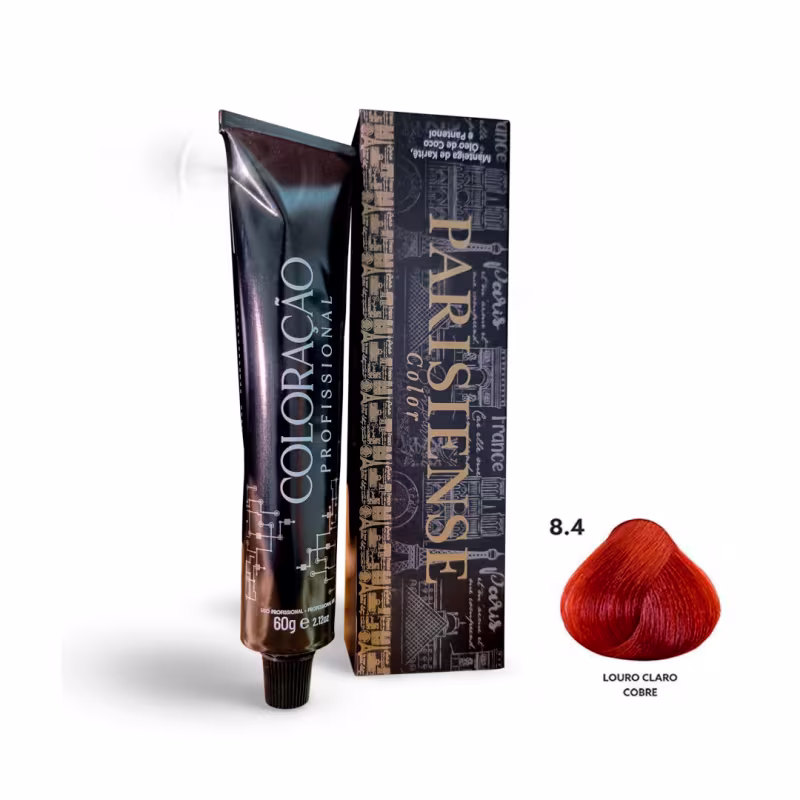 A imagem mostra produtos de coloração de cabelo profissional da marca Paris Cosmetics. Há uma caixa retangular exibindo o logotipo e nome "Paris Cosmetics". Ao lado está um tubo preto brilhante com a mesma marca impressa, contendo o creme colorante.