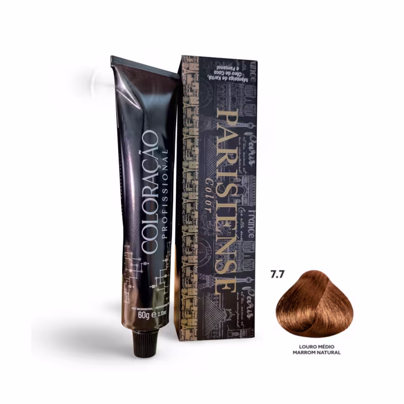A imagem mostra produtos de coloração de cabelo profissional da marca Paris Cosmetics. Há uma caixa retangular exibindo o logotipo e nome "Paris Cosmetics". Ao lado está um tubo preto brilhante com a mesma marca impressa, contendo o creme colorante.