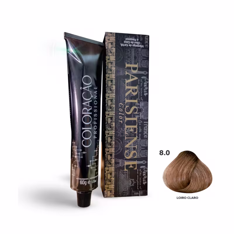 A imagem mostra produtos de coloração de cabelo profissional da marca Paris Cosmetics. Há uma caixa retangular exibindo o logotipo e nome "Paris Cosmetics". Ao lado está um tubo preto brilhante com a mesma marca impressa, contendo o creme colorante.