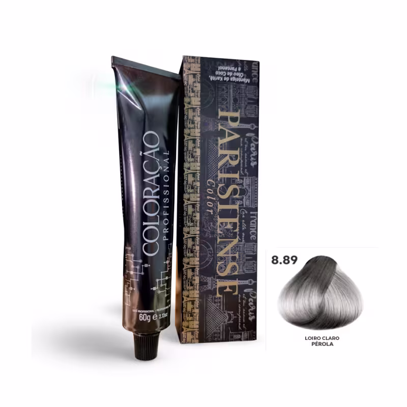 A imagem mostra produtos de coloração de cabelo profissional da marca Paris Cosmetics. Há uma caixa retangular exibindo o logotipo e nome "Paris Cosmetics". Ao lado está um tubo preto brilhante com a mesma marca impressa, contendo o creme colorante.