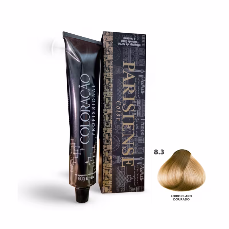 A imagem mostra produtos de coloração de cabelo profissional da marca Paris Cosmetics. Há uma caixa retangular exibindo o logotipo e nome "Paris Cosmetics". Ao lado está um tubo preto brilhante com a mesma marca impressa, contendo o creme colorante.