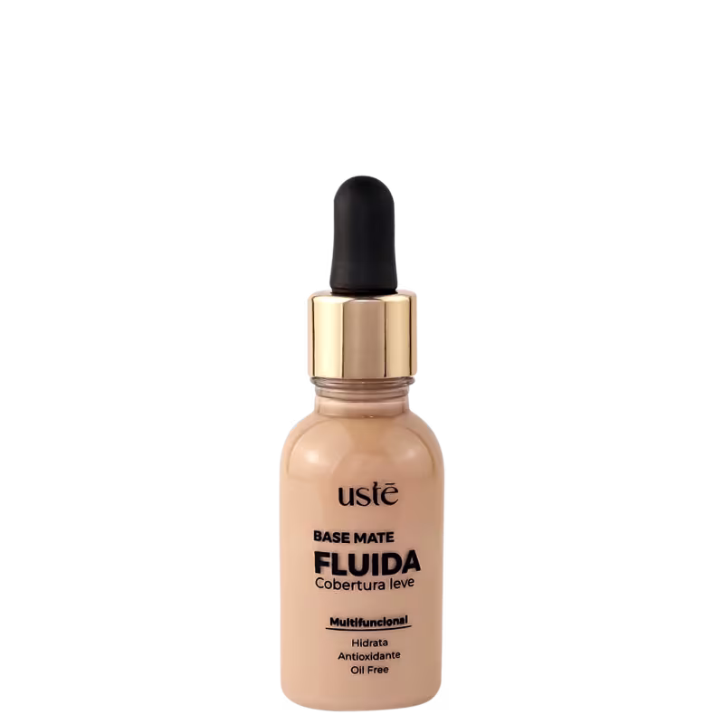 Base mate fluida de cobertura leve da marca Ustē Cosméticos. Frasco de plástico transparente com tampa em conta gotas. Líquido bege no interior. Rótulo "Base Mate FLUIDA Cobertura leve" e "Multifuncional, Hidrata, Antioxidante, Oil Free".