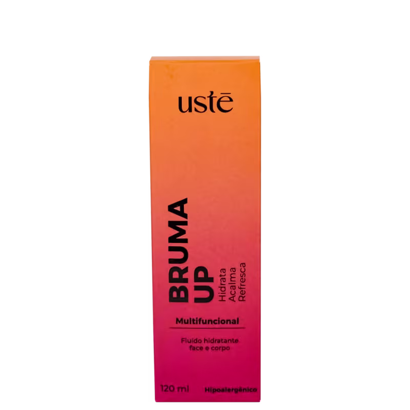 Produto na embalagem retangular de papelão na cor laranja com detalhes em rosa. Rótulo com o nome do produto "Bruma Up" em letras pretas maiúsculas, seguido da descrição "Hidrata Ativa Refrescante" em letras menores.