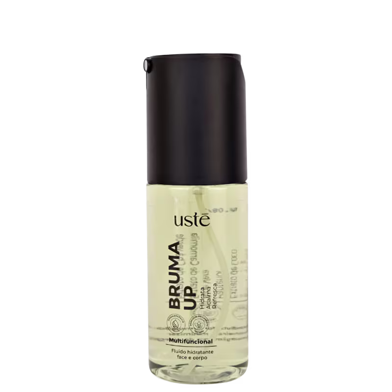 Produto hidratante facial e corporal multifuncional da marca Ustē Cosméticos. Frasco pequeno de plástico transparente e descrições como "Hidrata" e "Ativa a circulação". Embalagem compacta com tampa preta fosca.