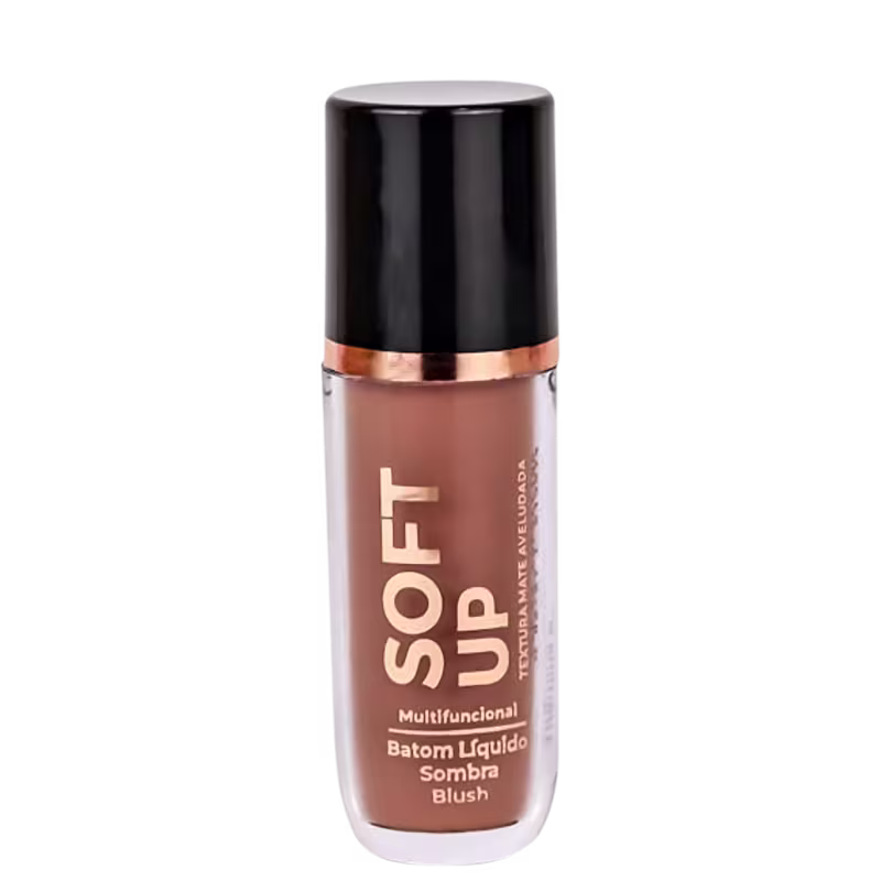 Batom líquido multifuncional Soft Up da marca Ustē Cosméticos. Embalagem cilíndrica transparente contendo um líquido marrom. Tampa preta com detalhe em cobre na parte superior.