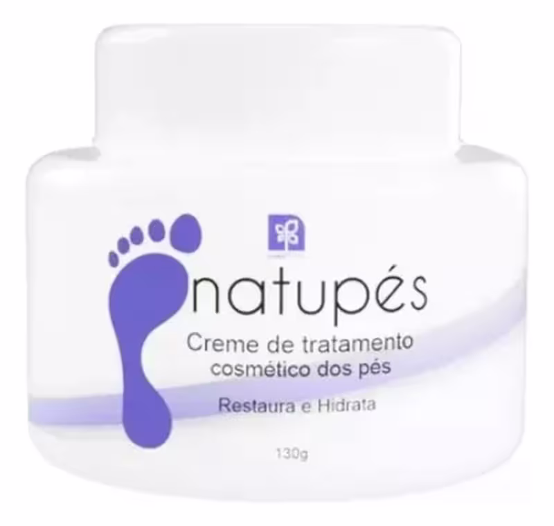 Creme de tratamento cosmético para os pés da marca Natuflores. Embalagem retangular branca com detalhes em azul. Apresenta o logotipo da marca e o nome do produto "Natupes" em letras azuis.