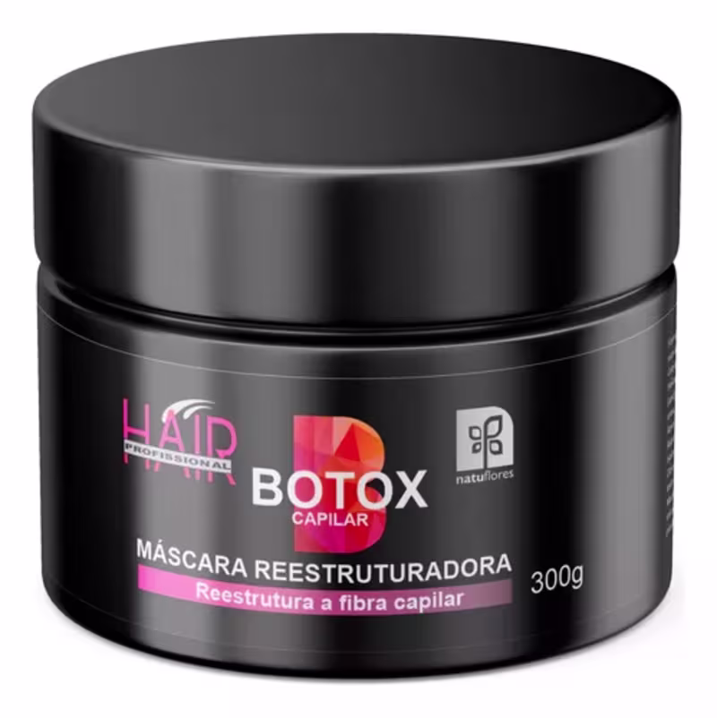 Máscara reestruturadora capilar da linha Botox Capilar da marca Natuflores. Embalagem preta opaca em formato cilíndrico com tampa removível. Rótulo com os dizeres "Botox Capilar" em letras grandes e coloridas.
