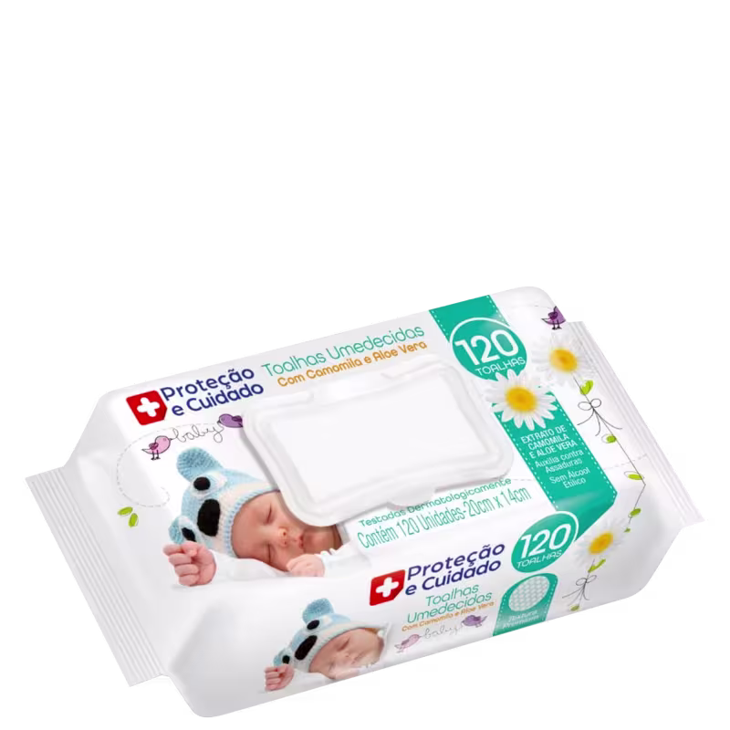 Este é um pacote de toalhas umedecidas para bebês. Há ilustrações de um coala, pássaros e flores. O rótulo indica que o produto contém 120 toalhas umedecidas com camomila e aloe vera, sendo indicado para proteção e cuidado com a pele delicada dos bebês.