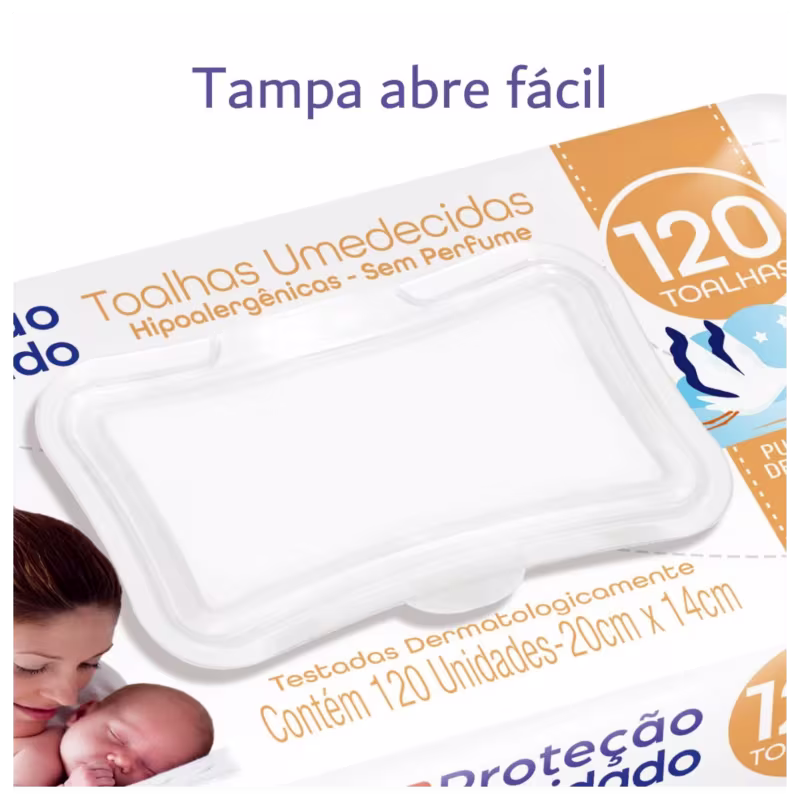 Tampa abre fácil - Toalhas Unmedecidas Hipoalergênicas - Sem Perfume. Embalagem retangular branca com detalhes em azul e laranja. Contém 120 toalhas testadas dermatologicamente, medindo 20cm x 14cm. Imagem de uma mãe segurando um bebê recém-nascido.