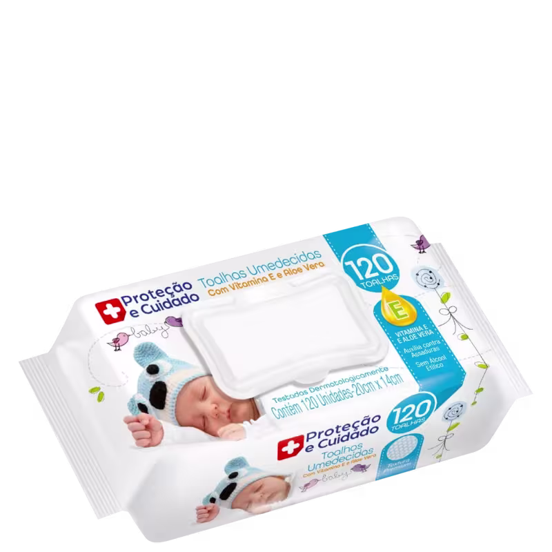 Este é um pacote de toalhas umedecidas para bebês. Há ilustrações de um coala, pássaros e flores. O rótulo indica que o produto contém 120 toalhas umedecidas com aloe vera e vitamina e, sendo indicado para proteção e cuidado com a pele delicada dos bebês.
