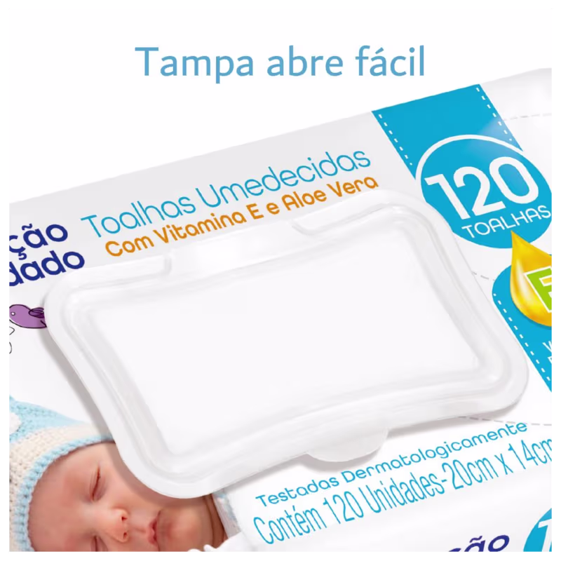 Tampa plástica retangular branca com bordas onduladas, contendo 120 toalhas umedecidas com vitamina E e aloe vera.  Imagem de um bebê adormecido no canto inferior. Produto de cuidados para pele e higiene infantil.