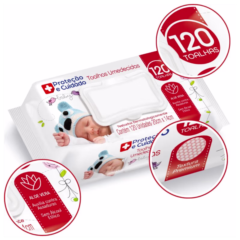 Pacote de toalhas umedecidas para bebês. A embalagem é branca com detalhes em vermelho. Contém a imagem de um bebê segurando um brinquedo de pelúcia em forma de panda. O produto é chamado "Proteção e Cuidado Toalhas Umedecidas" e tem 120 unidades.