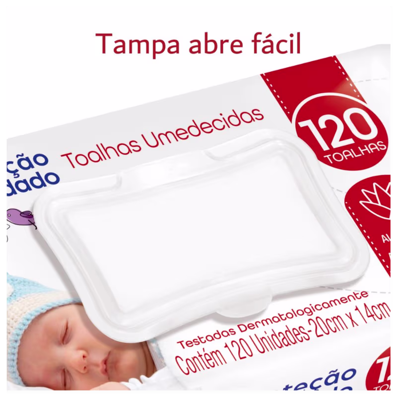 Este é um pacote de toalhas umedecidas para bebês. O texto em português indica que são "Toalhas Umedecidas" com 120 unidades, da marca "Tampa abre fácil". A imagem mostra um bebê dormindo com um gorro azul.