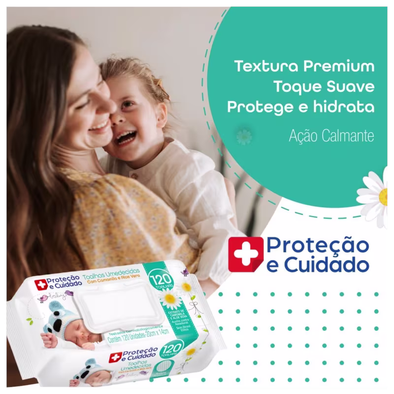 A imagem mostra toalhas umedecidas embaladas em pacotes plásticos transparentes com rótulos verdes e vermelhos. Os rótulos exibem o nome da marca "Proteção e Cuidado" e informações como "120 toalhas umedecidas" e "Ação Calmante".