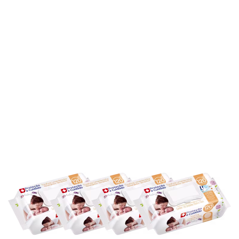 Há quatro pacotes retangulares com embalagens brancas e detalhes em laranja. Cada pacote exibe a imagem de um bebê sorridente e o número "120" indicando a quantidade de lenços. O texto "Proteção e Cuidado" está visível nos pacotes.