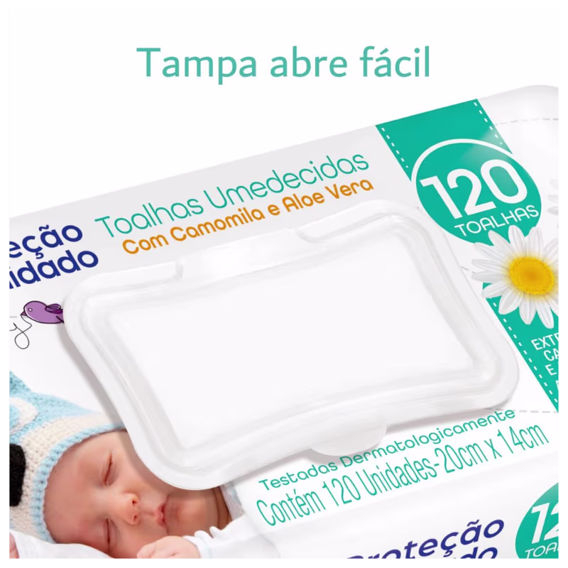 Tampa abre fácil - Toalhas Umedecidas com Camomila e Aloe Vera. Embalagem retangular branca com detalhes em azul turquesa. Contém 120 toalhas dermatologicamente testadas, medindo 20cm x 14cm. Imagem de um bebê adormecido no canto inferior direito.