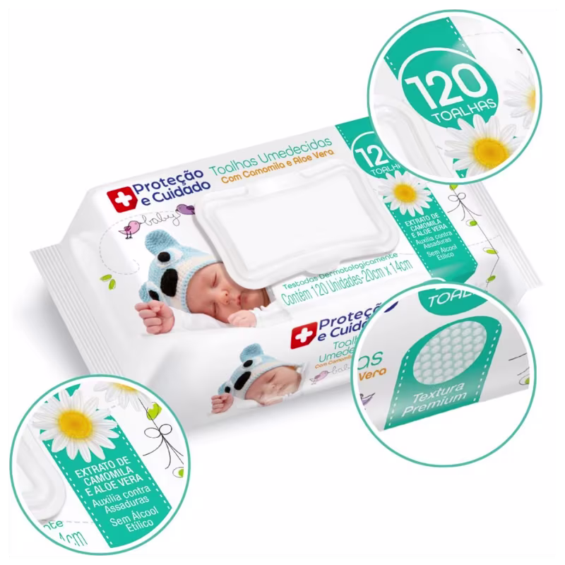 Este é um pacote de toalhas umedecidas para bebês.  Há imagens de dois bebês recém-nascidos usando gorros de pelúcia azul em formato de animais. O pacote indica que contém 120 toalhas umedecidas com extrato de camomila, aloé vera e sem álcool etílico.