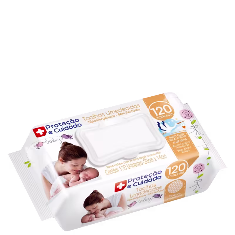 Pacote de toalhas umedecidas para bebês. No centro, há uma imagem de uma mãe segurando um bebê recém-nascido. O texto indica que são "Toalhas Umedecidas Proteção e Cuidado", com 120 unidades, hipoalergênicas.
