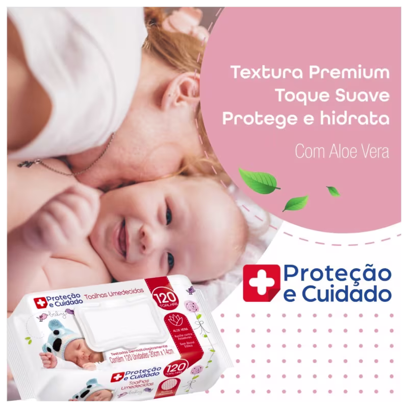 O produto apresentado é uma linha de toalhas umedecidas para bebês. A embalagem principal é uma caixa retangular com o logotipo "Proteção e Cuidado" em vermelho e branco, além de detalhes em rosa e verde com ilustrações de folhas de aloe vera.