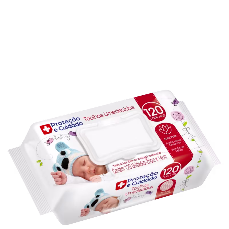 Este é um pacote de toalhas umedecidas para bebês, com embalagem plástica branca. O rótulo vermelho e branco destaca o nome do produto "Proteção e Cuidado" e indica que contém 120 toalhas umedecidas. A embalagem apresenta ilustrações de um bebê.