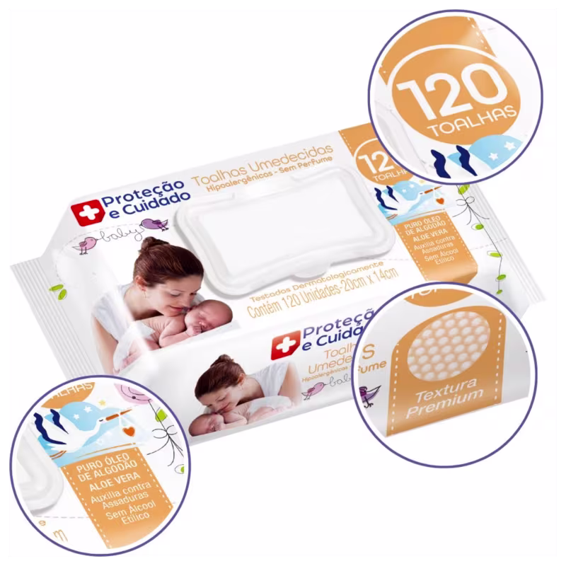 Tampa abre fácil - Toalhas umedecidas hipoalergênicas sem perfume. Embalagem contendo 120 unidades. Texto indicando que as toalhas são testadas dermatologicamente e medem 20cm x 14cm. Imagem de uma mãe segurando um bebê recém-nascido no canto.