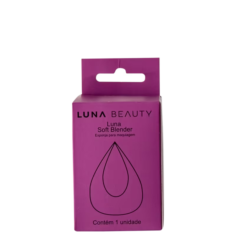 Embalagem retangular de papelão na cor roxa. Na parte frontal, há o logotipo "Luna Beauty" e a descrição "Luna Soft Blender - Esponja para maquiagem".