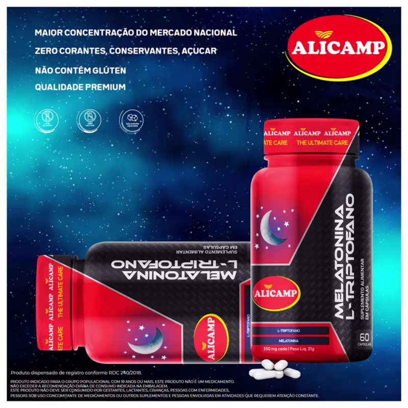 A imagem mostra 2 frascos do produto em um fundo estrelado, e acima textos destacam benefícios, como maior concentração do mercado nacional.